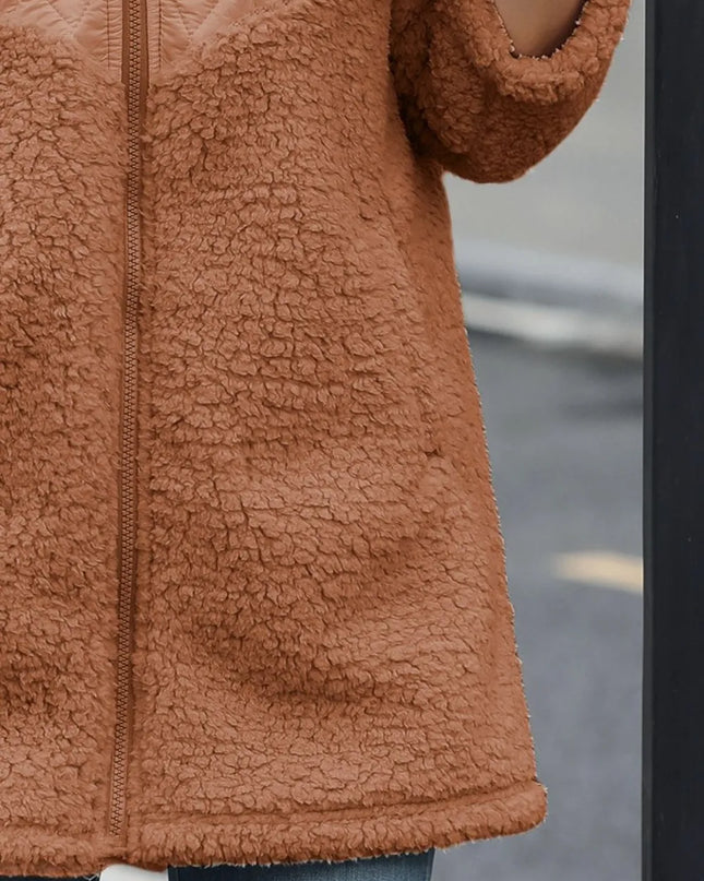 Fuzzy Zip Up Long Sleeve Hooded Jacket