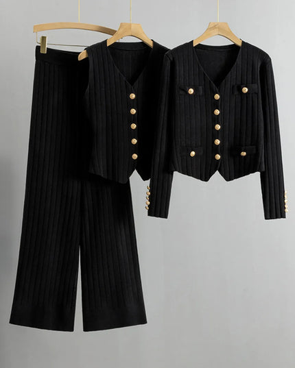 V-Neck Tank, Cardigan and Pants Three-Piece Sweater Set