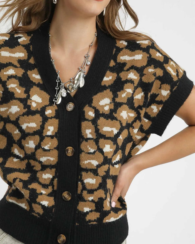 Umgee Leopard Button Down Short Sleeve Cardigan