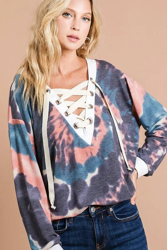 BiBi Tie Dye Deep V-Neck Top with Lace Up Front TIE DYE
