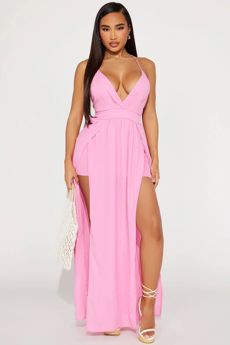 Slit Front Crisscross Back Maxi Dress