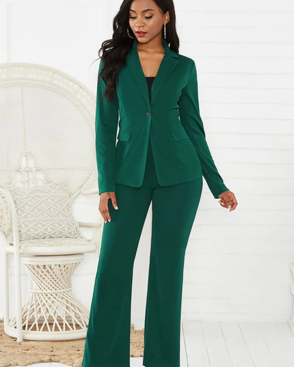 Lapel Collar Long Sleeve Blazer and Pants Set Green