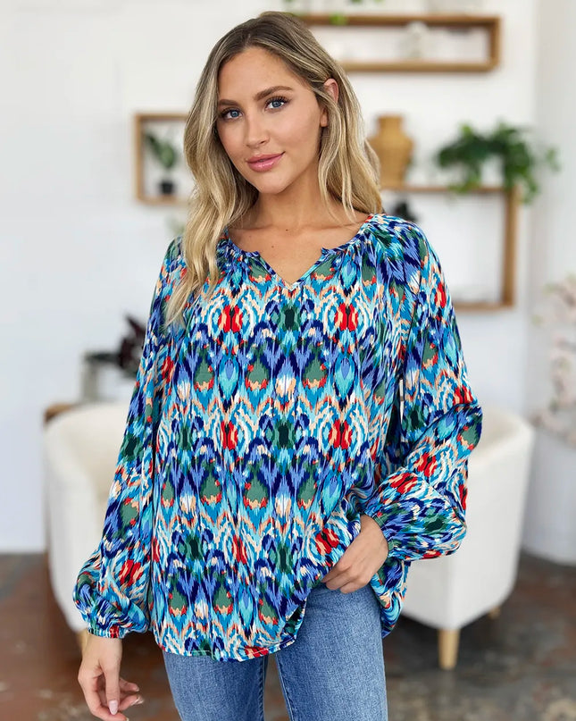 Double Take Full Size Printed Balloon Sleeve Blouse