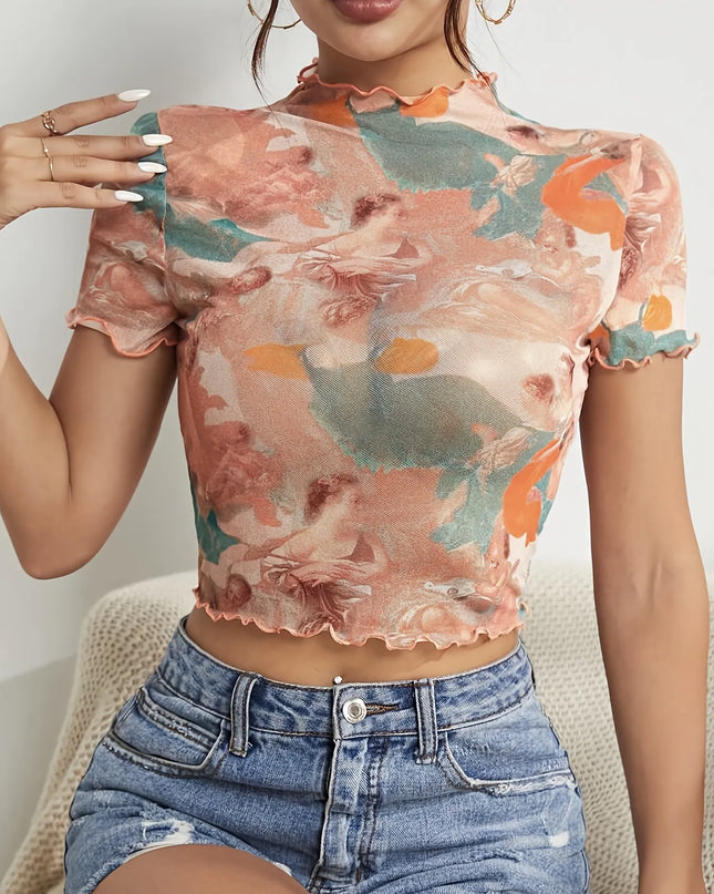 Abstract Print Ruffled Mock Neck Crop T-Shirt Burnt Coral