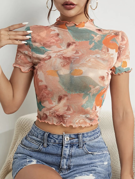 Abstract Print Ruffled Mock Neck Crop T-Shirt Burnt Coral