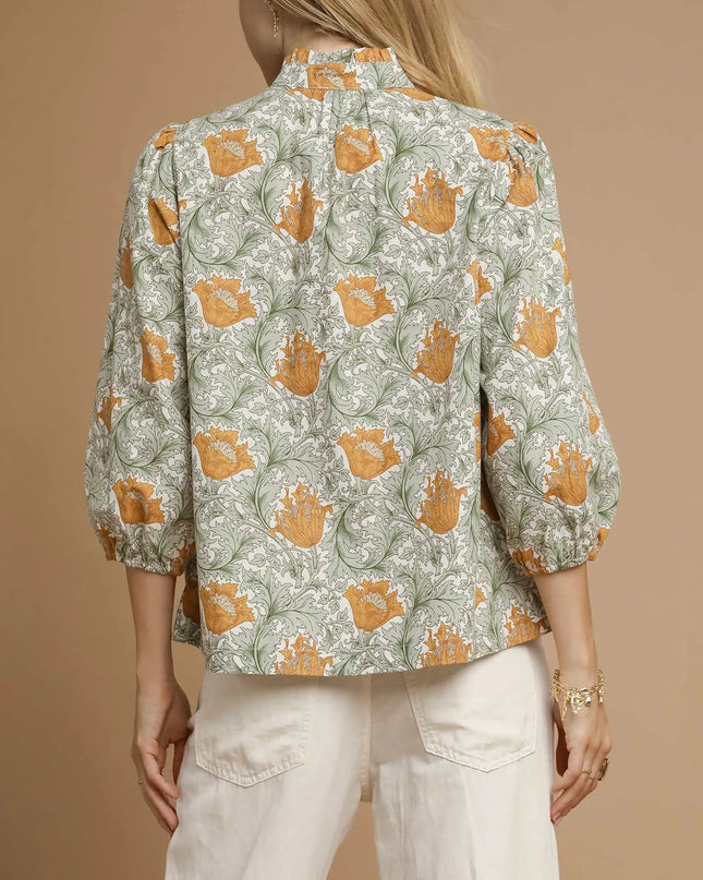 Umgee Floral Print Tie Neck 3/4 Sleeve Blouse
