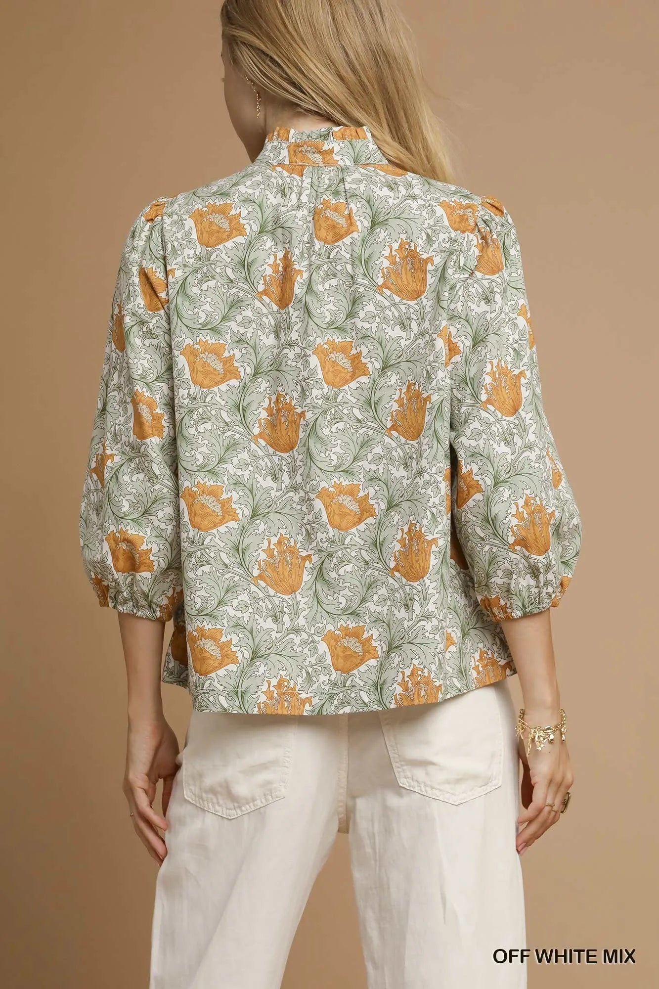 Umgee Floral Print Tie Neck 3/4 Sleeve Blouse
