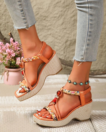 Bohemian Floral Beaded Wedge Sandals 