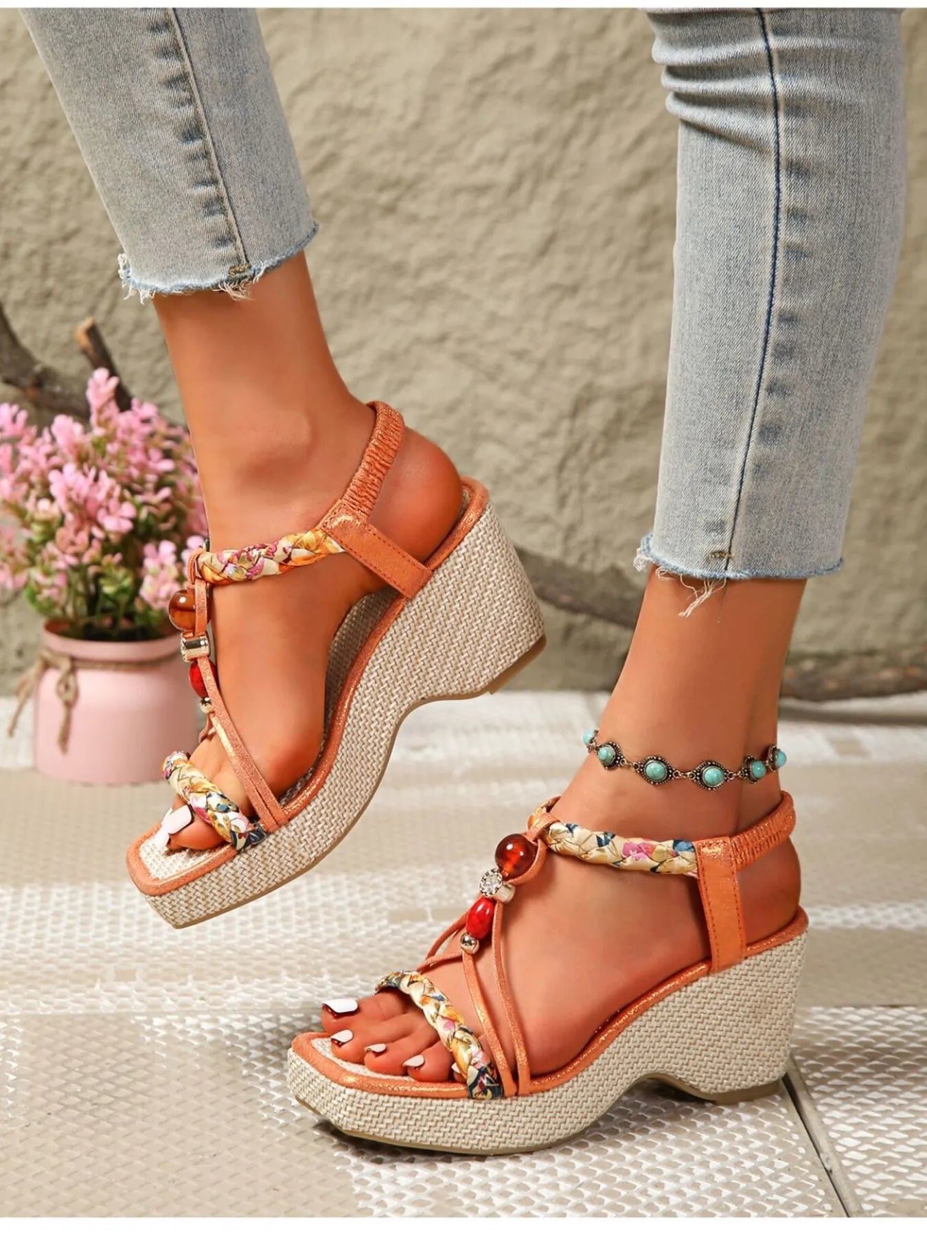 Bohemian Floral Beaded Wedge Sandals 