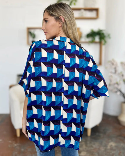 Double Take Full Size Geometric Notched Half Sleeve Blouse