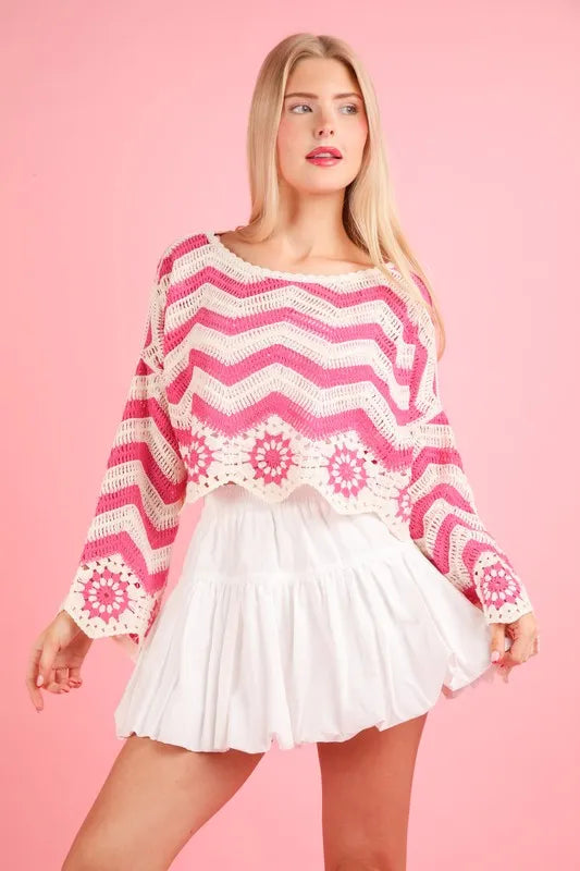 VERY J Chevron/Floral Pattern Crochet Knit Top Pink