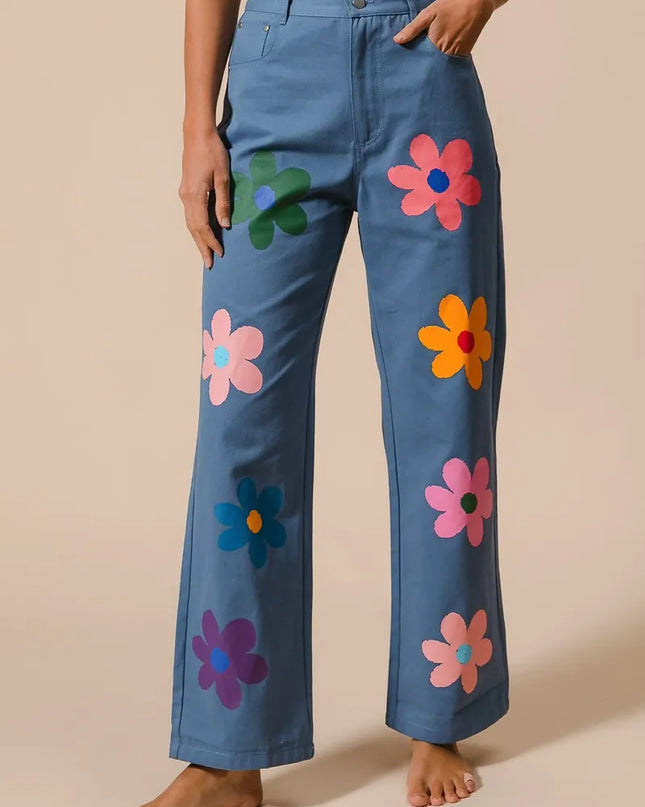 BiBi Flower Print Straight Legs Pants DENIM