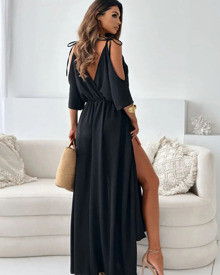 Tied Shoulder Slit Maxi Dress