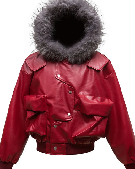 Men's Leather Bomber Jacket with Faux Fur Hood Red