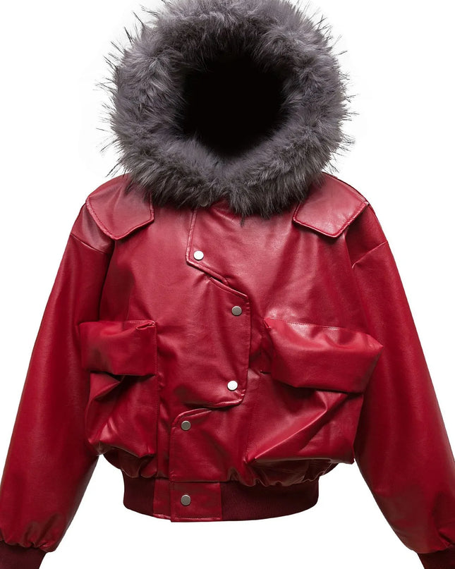 Men's Leather Bomber Jacket with Faux Fur Hood Red