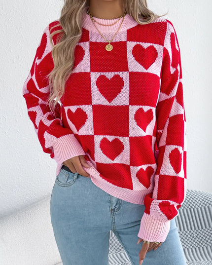 Heart Checkerboard Pattern Round Neck Sweater