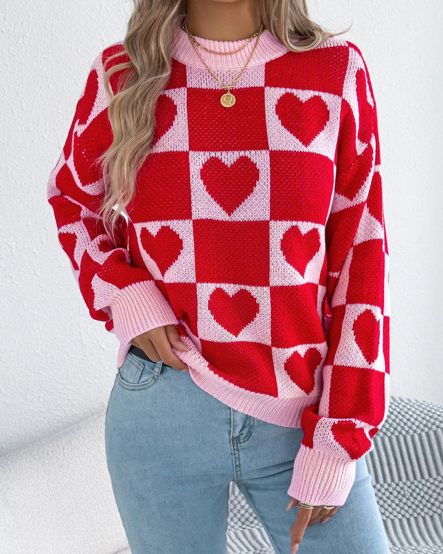 Heart Checkerboard Pattern Round Neck Sweater