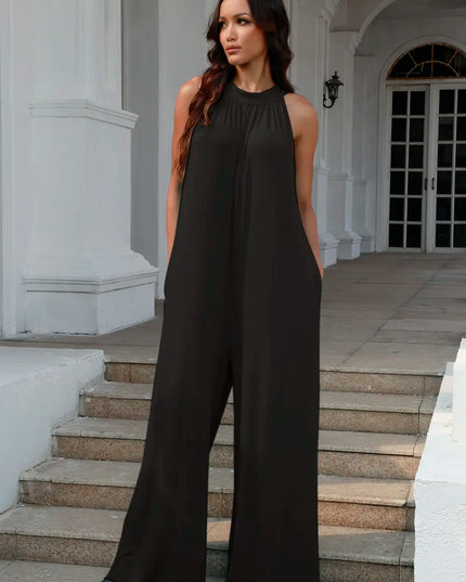 Double Take Full Size Tie Back Cutout Sleeveless Jumpsuit