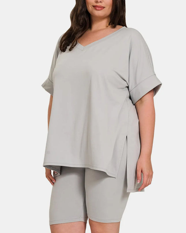 Zenana Full Size V-Neck Short Sleeve Slit T-Shirt and Shorts Set