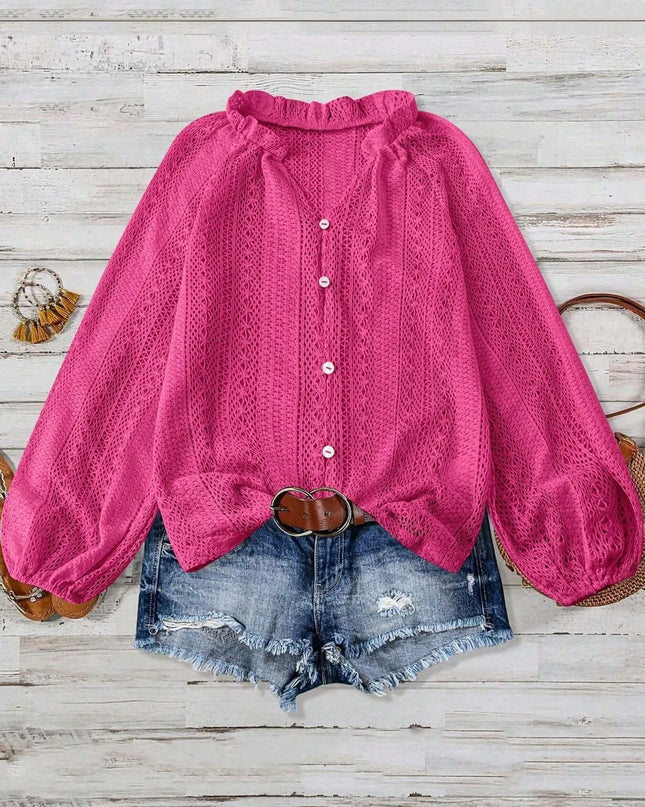 Crochet Notched Button-Front Shirt