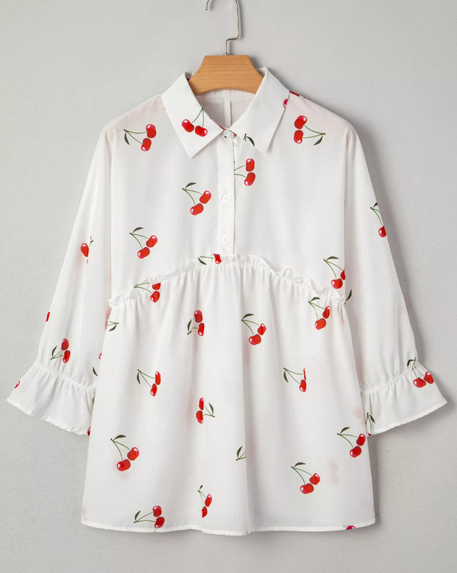 Cherry Print Flounce Sleeve Collared Frilled Babydoll Blouse