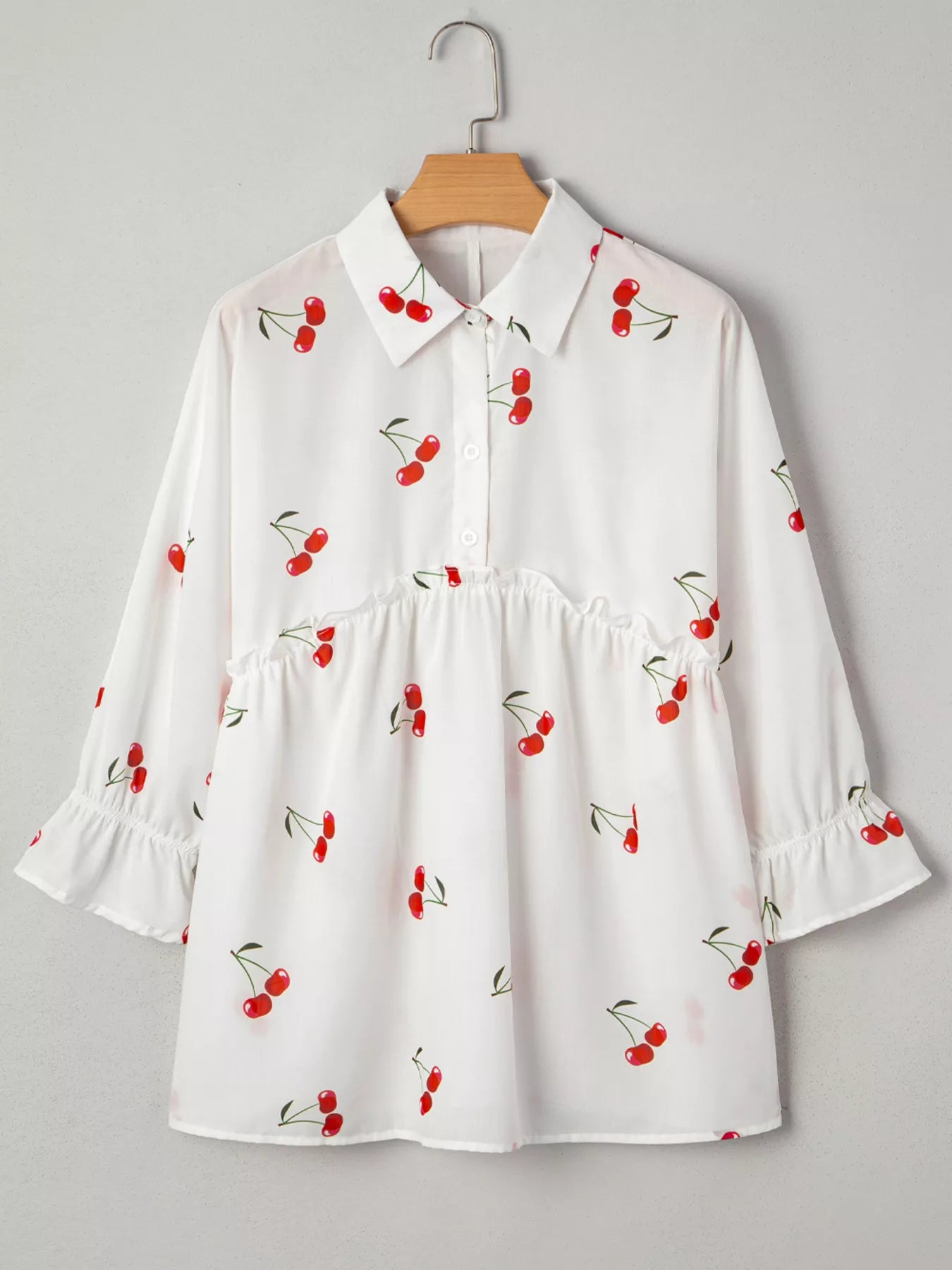 Cherry Print Flounce Sleeve Collared Frilled Babydoll Blouse