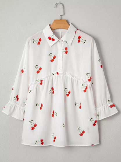 Cherry Print Flounce Sleeve Collared Frilled Babydoll Blouse