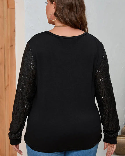 Plus Size Sequin Round Neck Long Sleeve Top