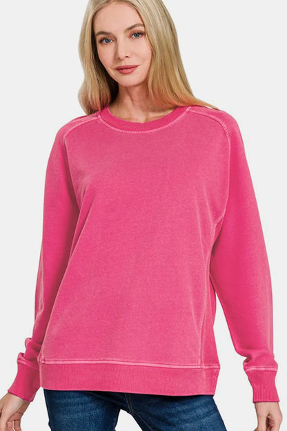 Zenana Full Size Pigment Dyed French Terry Sweatshirt Hot Pink