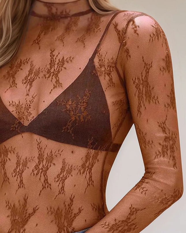 Floral Mock Neck Long Sleeve Mesh Top