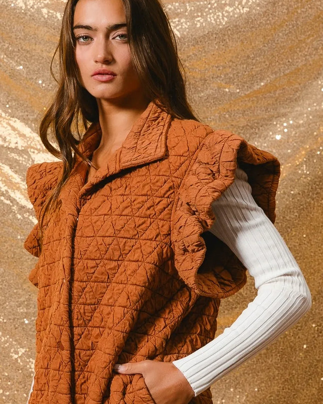 BiBi Quilting Knit Ruffle Sleeve Vest RUST