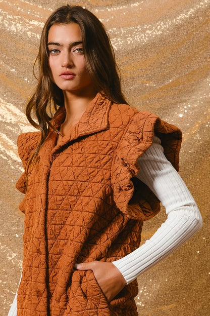 BiBi Quilting Knit Ruffle Sleeve Vest RUST