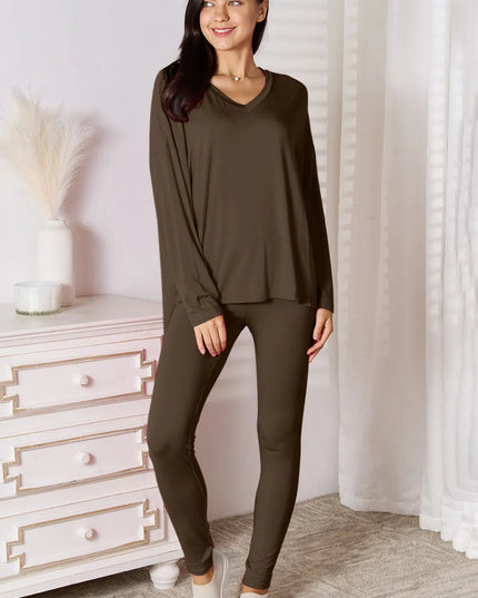 Basic Bae Bamboo Full Size V-Neck Long Sleeve Top and Pants Lounge Set Chocolate