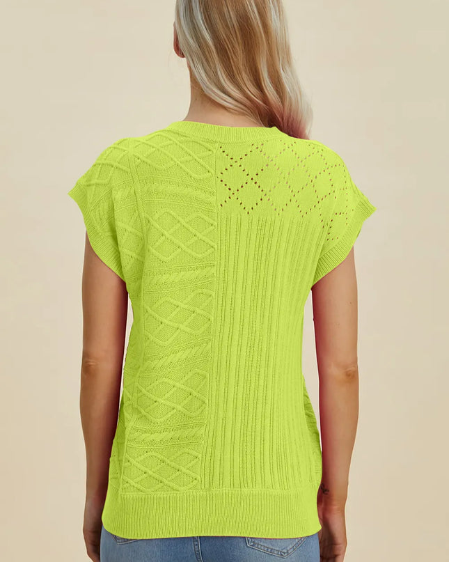 Double Take Full Size Cable-Knit Round Neck Cap Sleeve Sweater