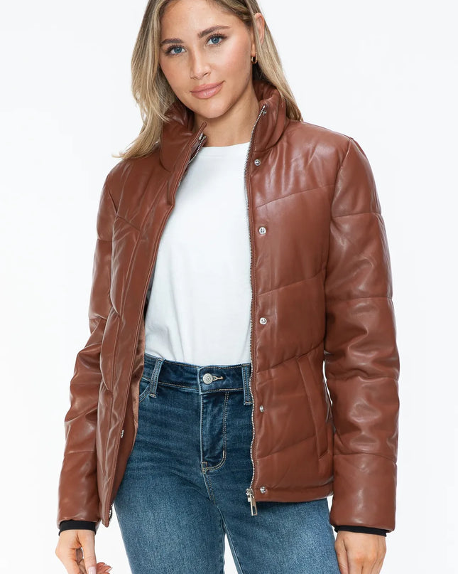 Snobbish Pocketed Zip Up Turtleneck Puffer Jacket Brandy