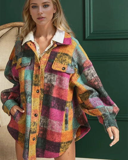 Double Take Full Size Button Up Plaid Fleece Shacket with Pockets