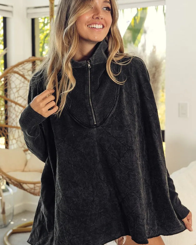 BiBi Vintage Washed Quilted Half Zip Top BLACK CHARCOAL