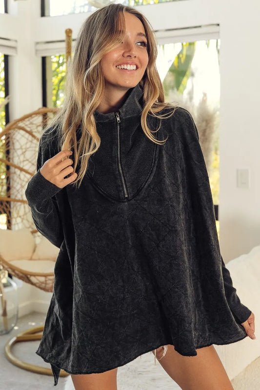BiBi Vintage Washed Quilted Half Zip Top BLACK CHARCOAL