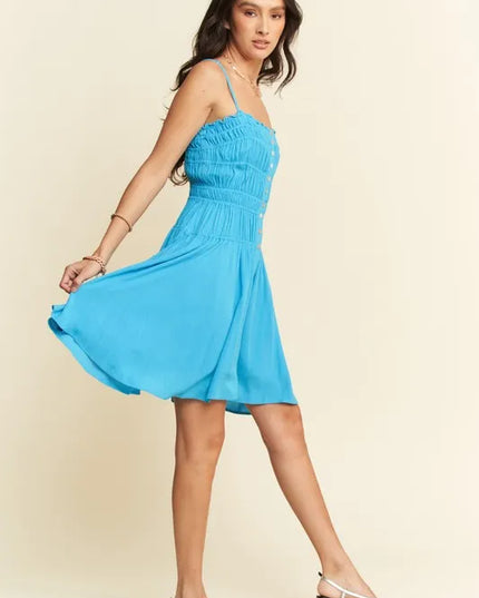 Davi & Dani Smocking Bodice Sleeveless Button Down Mini Dress