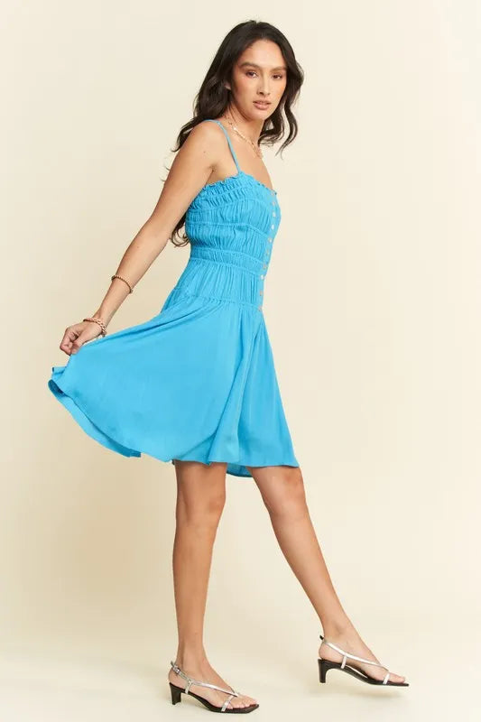 Davi & Dani Smocking Bodice Sleeveless Button Down Mini Dress