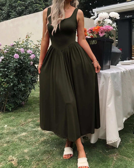 Sleeveless Midi Dress with Gathered Waist Army Green