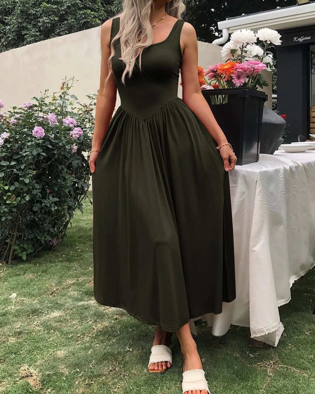 Sleeveless Midi Dress with Gathered Waist Army Green
