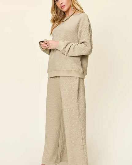 Double Take Full Size Texture Long Sleeve Top and Pants Set