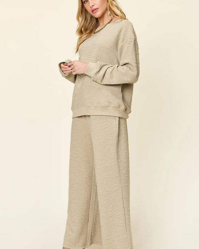 Double Take Full Size Texture Long Sleeve Top and Pants Set