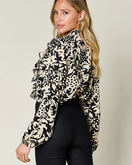 Double Take Full Size Printed Ruffle Trim Balloon Sleeve Shirt