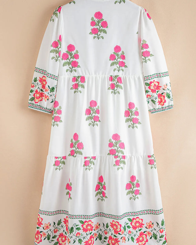 Floral Print Half Button Mandarin Neck 3/4 Sleeve Maxi Dress