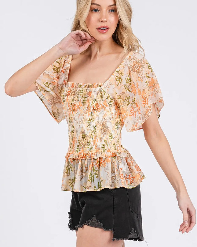 Mittoshop Floral Chiffon Smocked Square Neck Peplum Top 