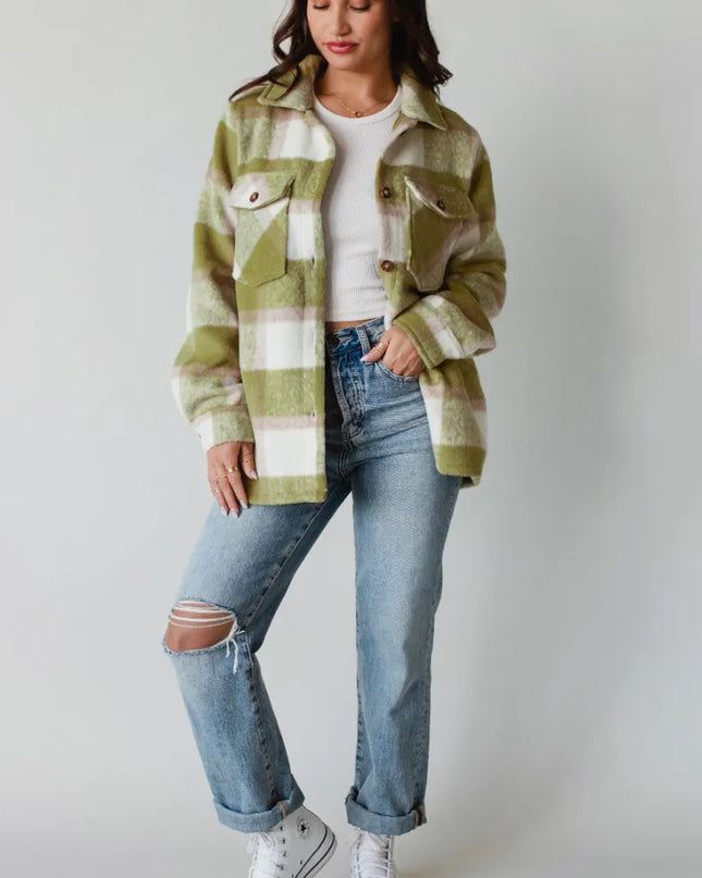 Pocketed Plaid Collared Neck Shacket