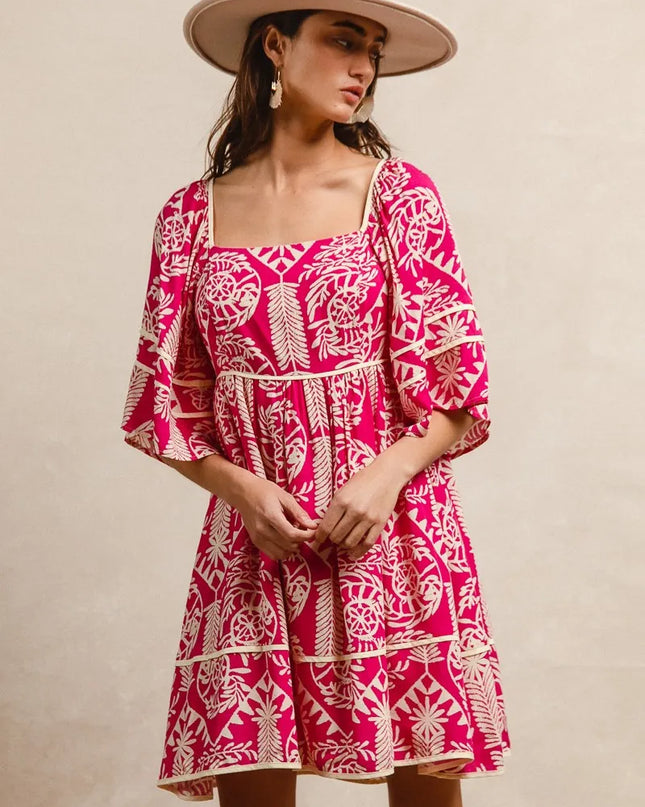 BiBi Aztec Woven Printed Contrast Binding Dress FUCHSIA