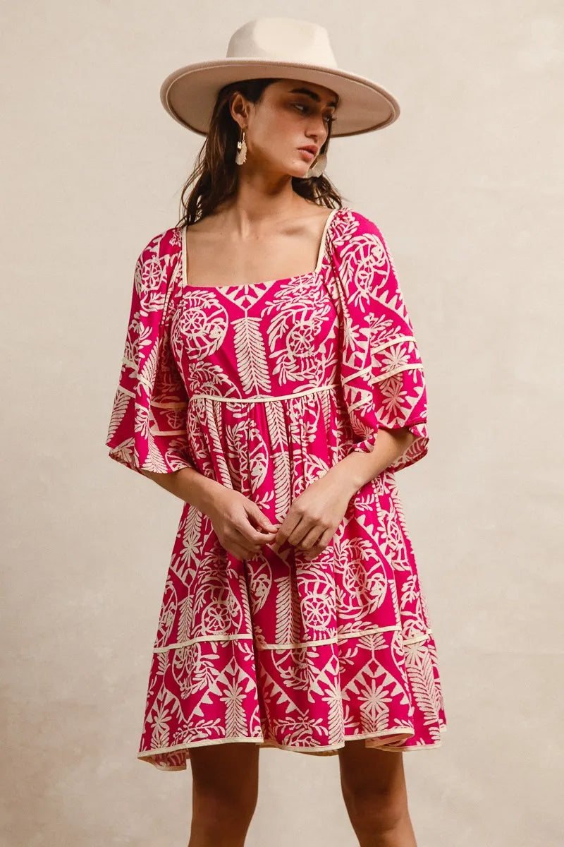 BiBi Aztec Woven Printed Contrast Binding Dress FUCHSIA